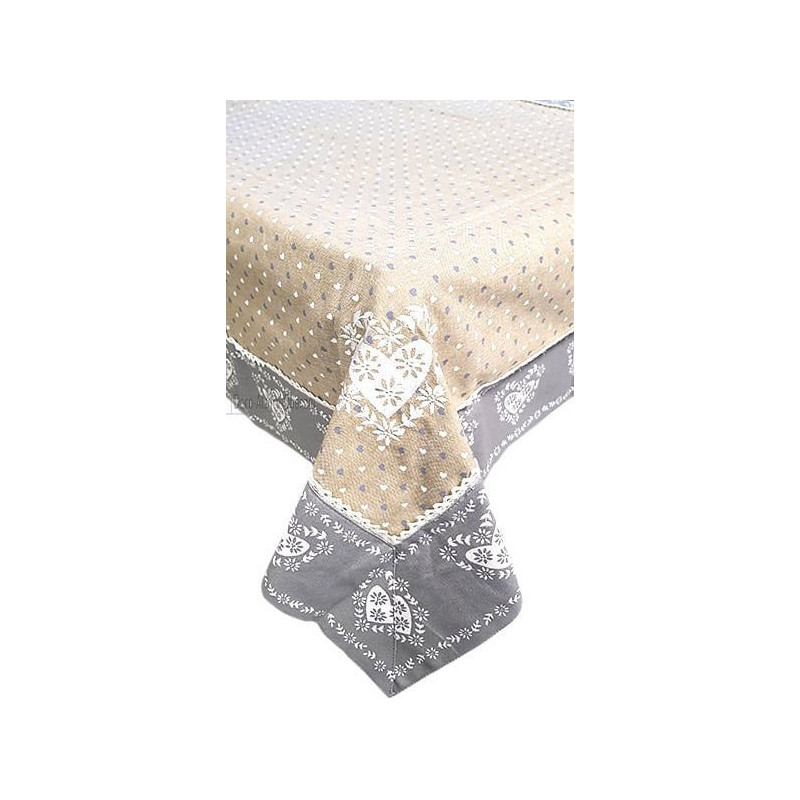 Nappe carrée 90 cm x 90 cm grise avec Dentelles Brodée et motifs Coeurs