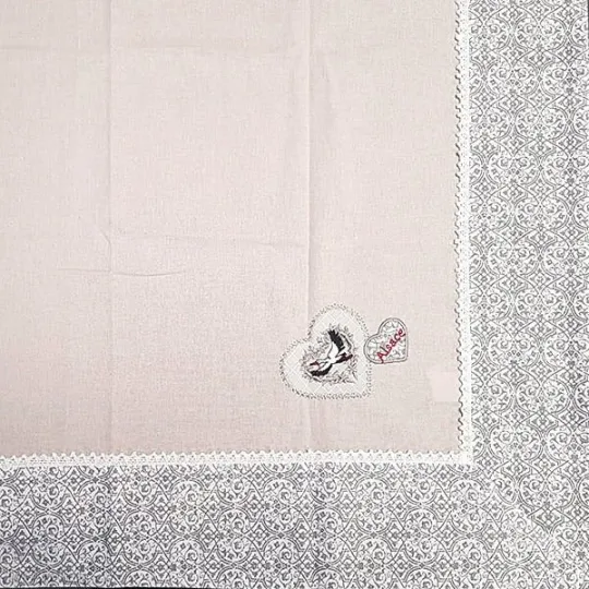 Vierkant tafelkleed 90 cm x 90 cm Beige Geborduurd Harten en Ooievaars en Kantjes