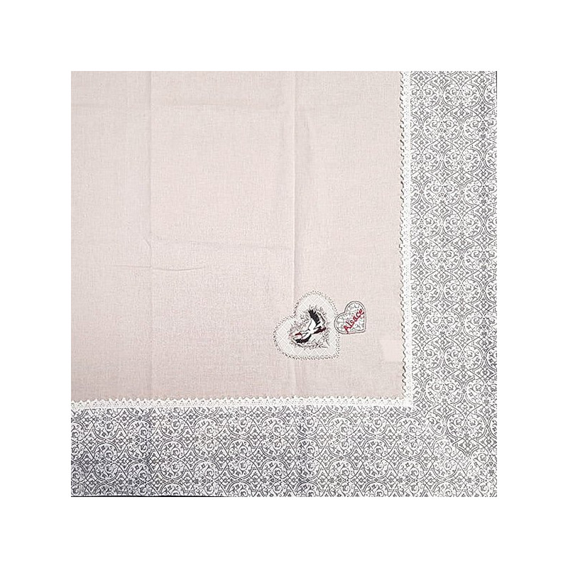 Nappe carrée 90 cm x 90 cm Beige Brodé Coeurs et Cigognes et Dentelles