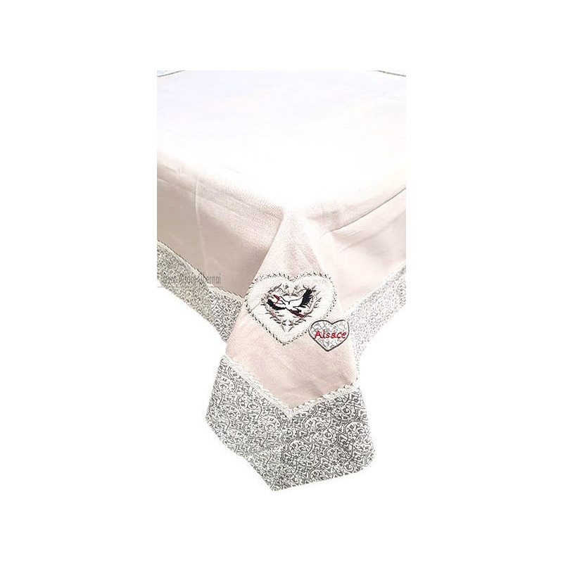 Nappe carrée 90 cm x 90 cm Beige Brodé Coeurs et Cigognes et Dentelles