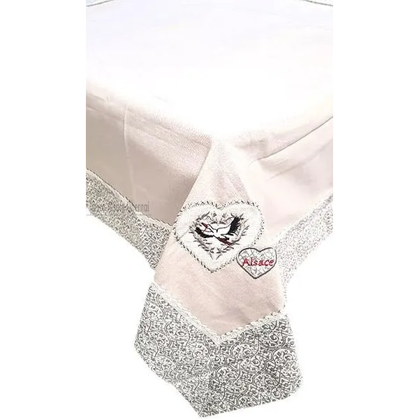 Square tablecloth 90 cm x 90 cm Beige Embroidered Hearts and Storks and Lace