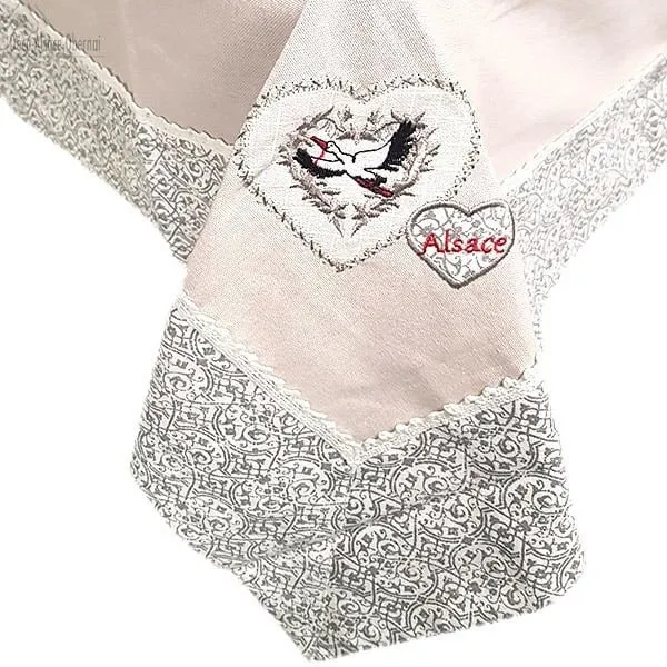 Square tablecloth 90 cm x 90 cm Beige Embroidered Hearts and Storks and Lace