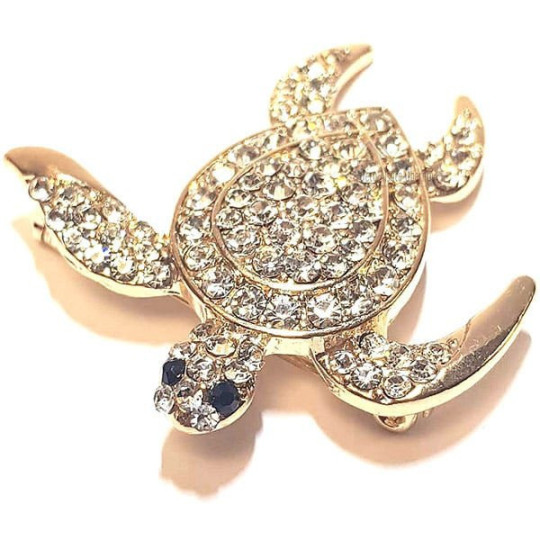 Golden brooch Fancy Turtle shape set with white rhinestones