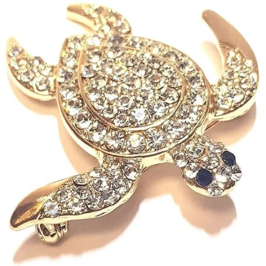 Gouden Broche Fantasy vorm Schildpad ingelegd met witte Strass