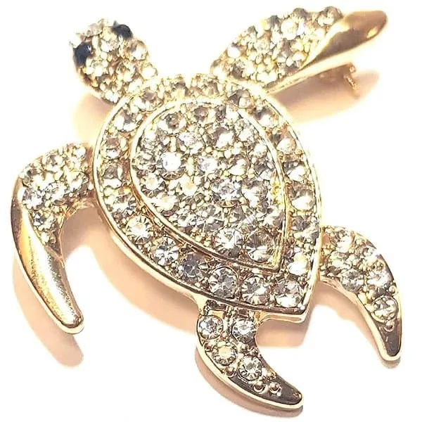 Golden brooch Fancy Turtle shape set with white rhinestones