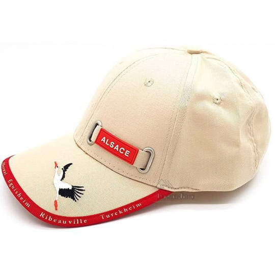 Beige Stoffmütze mit Elsässischem Dorf und Storch