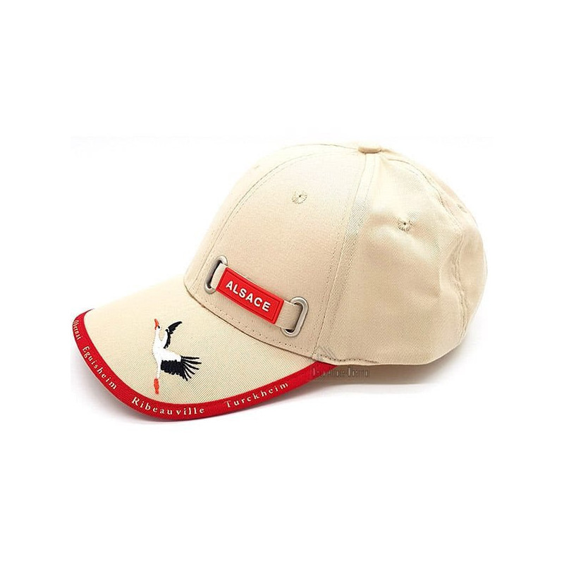Beige Stoffmütze mit Elsässischem Dorf und Storch