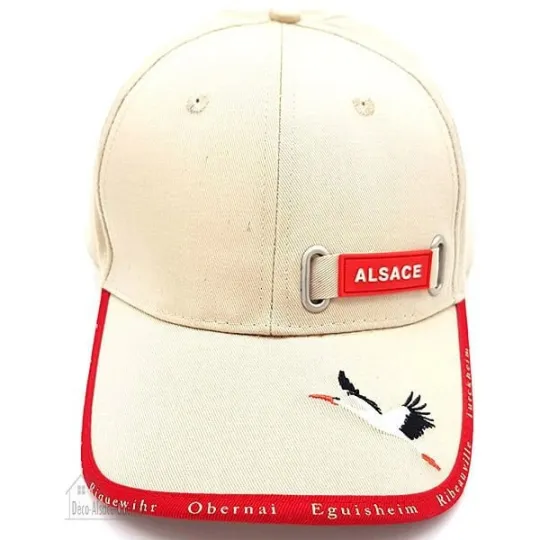 Beige Stoffmütze mit Elsässischem Dorf und Storch