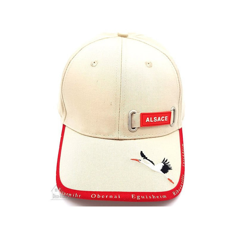 Beige Stoffmütze mit Elsässischem Dorf und Storch