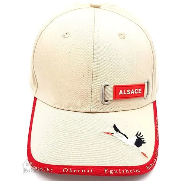 Beige Stoffmütze mit Elsässischem Dorf und Storch