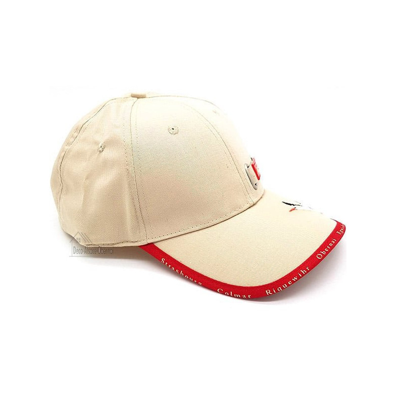 Beige Stoffmütze mit Elsässischem Dorf und Storch