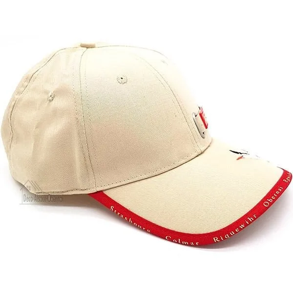 Beige Stoffmütze mit Elsässischem Dorf und Storch
