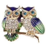 Golden Double Owl Fancy Brooch set with Rhinestones
