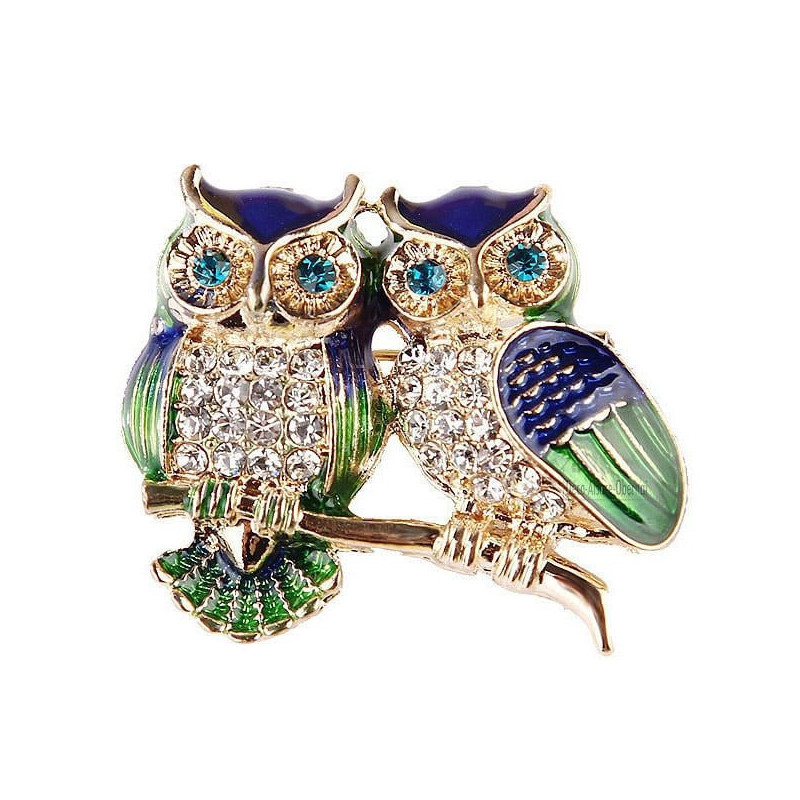 Golden Double Owl Fancy Brooch set with Rhinestones