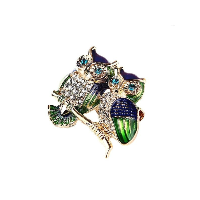Golden Double Owl Fancy Brooch set with Rhinestones