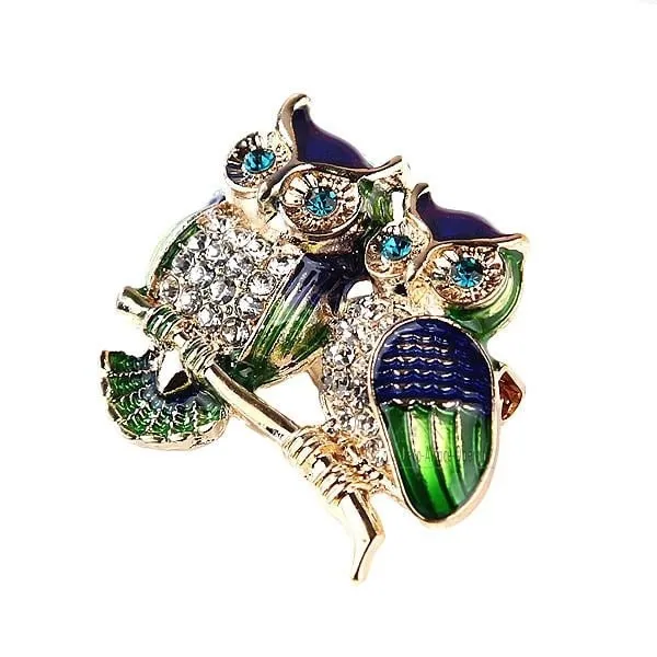 Broche Fantaisie dorée double Hiboux sertie de Strass