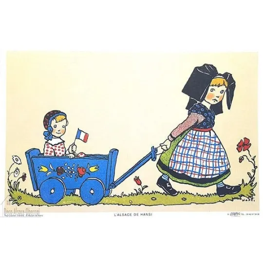 Poster Hansi Fillette tirant un chariot avec un bébé 43cm x 28cm