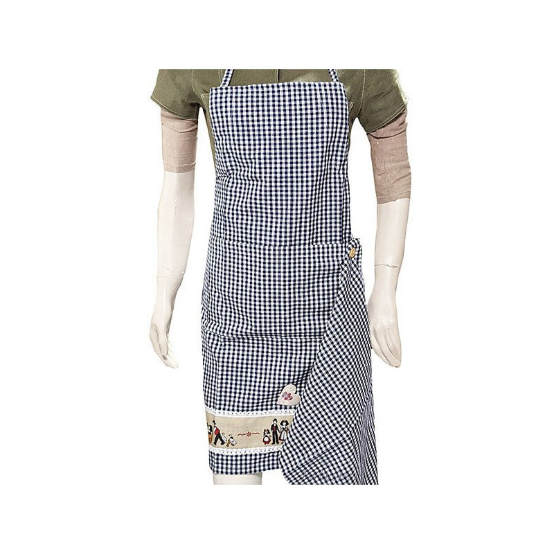 Tablier de Cuisine réglable Bleu Carré Vichy décor Hansi avec Torchon