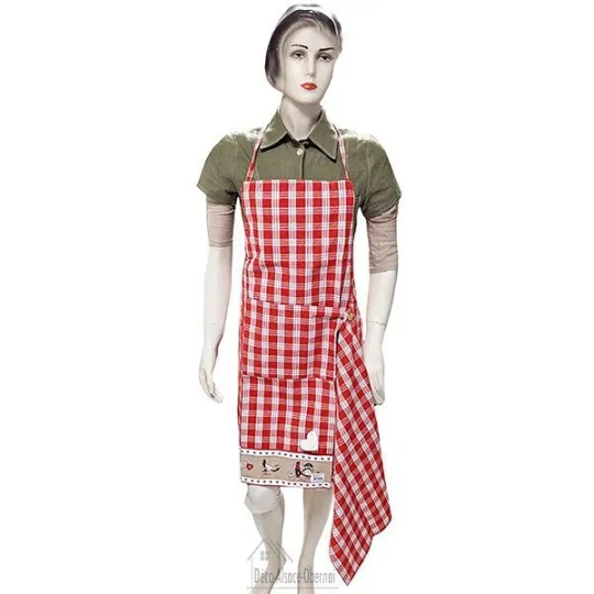 Tablier de Cuisine réglable Rouge Carré Vichy décor Hansi avec Torchon