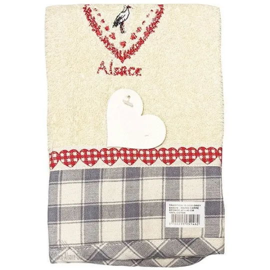 Vierkante Keukenhanddoek 100% Dik Katoen, Natuurwit Ondergrond, Grijze Ruitjes met Geborduurd Hart