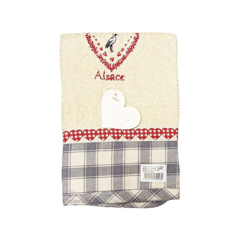 Essuie-Mains de Cuisine carré 100% Coton épais fond Écru bandeau Vichy gris brodé Coeur