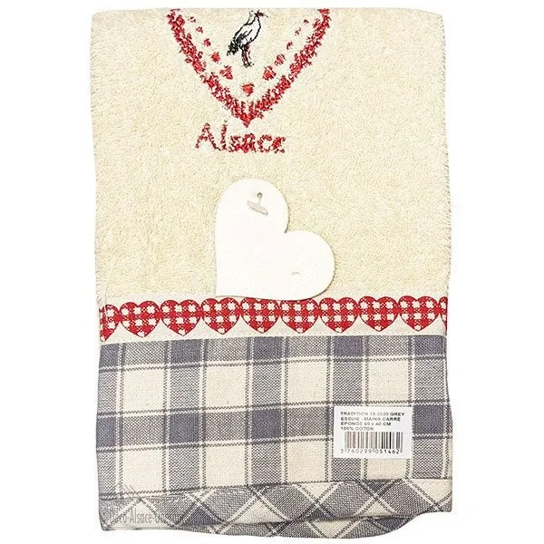 Essuie-Mains de Cuisine carré 100% Coton épais fond Écru bandeau Vichy gris brodé Coeur