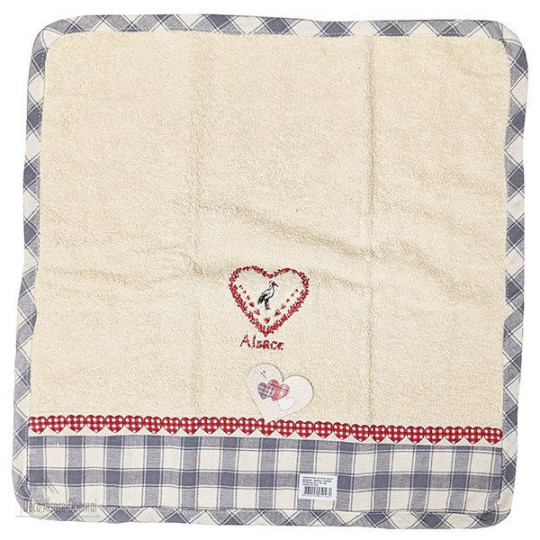 Essuie-Mains de Cuisine carré 100% Coton épais fond Écru bandeau Vichy gris brodé Coeur