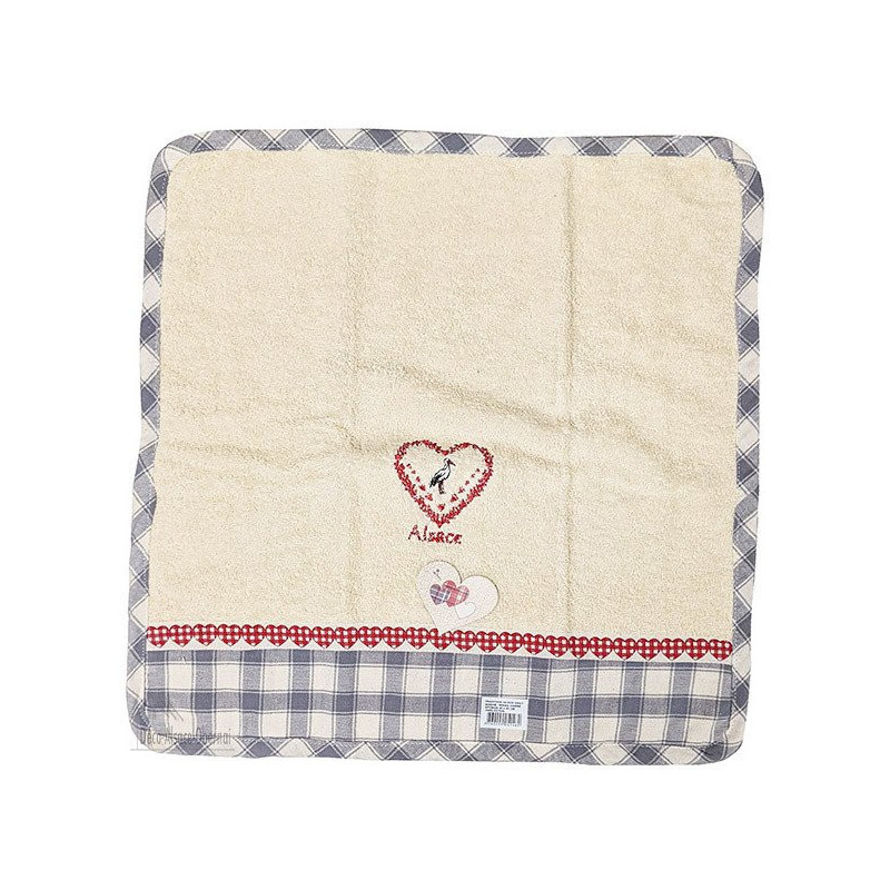 Essuie-Mains de Cuisine carré 100% Coton épais fond Écru bandeau Vichy gris brodé Coeur