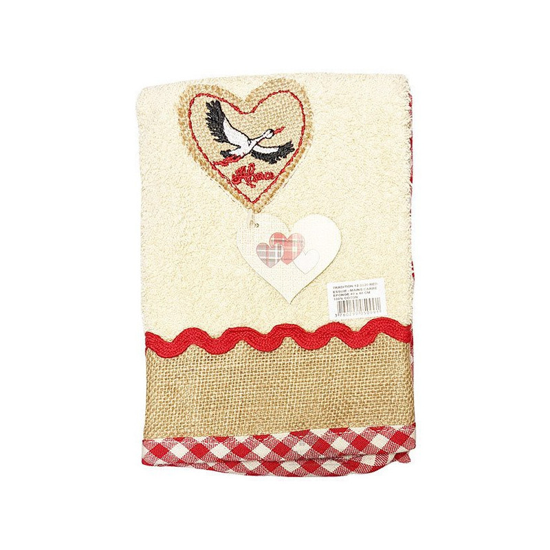 Essuie-Mains de Cuisine carré 100% Coton épais fond Écru bandeau en Jute brodé Coeur