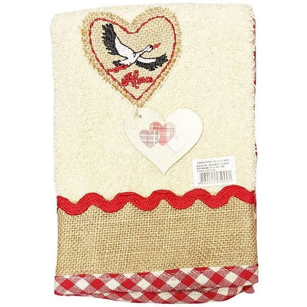 Essuie-Mains de Cuisine carré 100% Coton épais fond Écru bandeau en Jute brodé Coeur