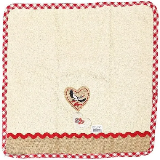 Essuie-Mains de Cuisine carré 100% Coton épais fond Écru bandeau en Jute brodé Coeur