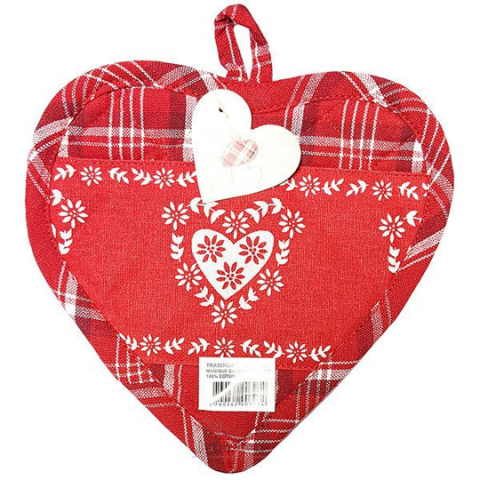 Red Gingham Heart Kitchen Potholder on a red background with Hearts decor