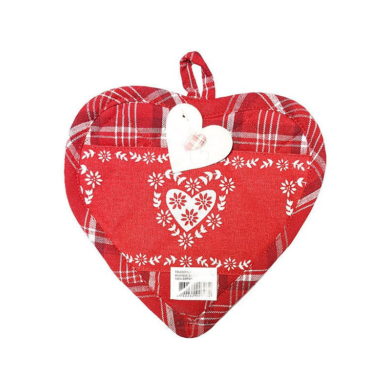 Red Gingham Heart Kitchen Potholder on a red background with Hearts decor