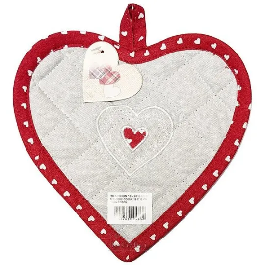 Manique de Cuisine Coeur brodé Coeur sur fond gris et bordure rouge