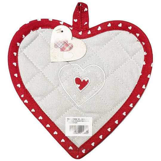 Kitchen pot holder Heart embroidered Heart on gray background and red border