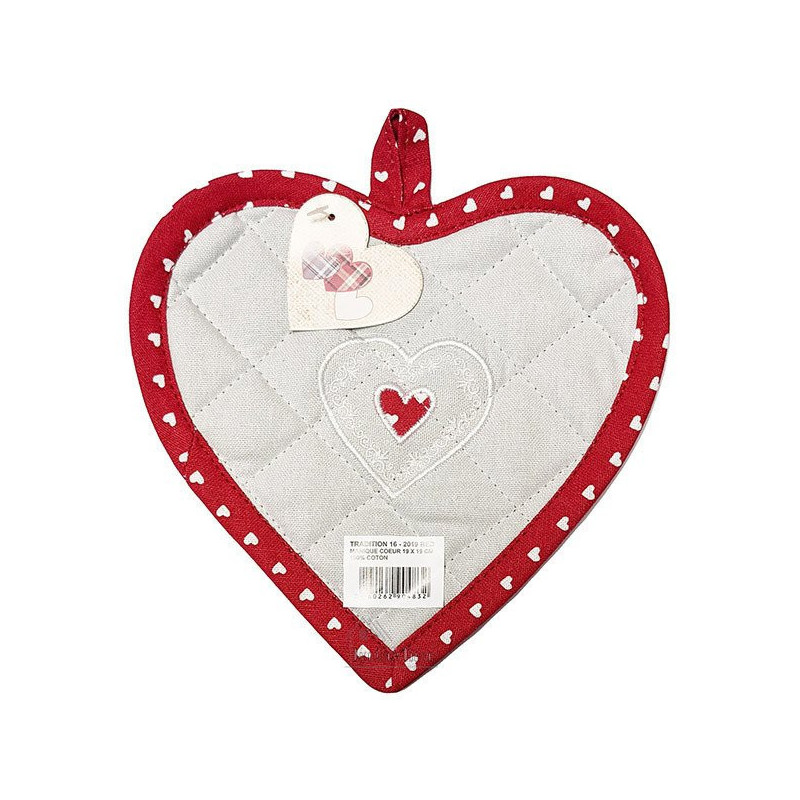 Kitchen pot holder Heart embroidered Heart on gray background and red border