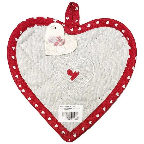 Manique de Cuisine Coeur brodé Coeur sur fond gris et bordure rouge