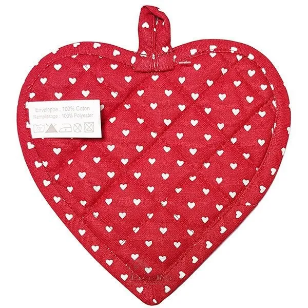 Manique de Cuisine Coeur brodé Coeur sur fond gris et bordure rouge