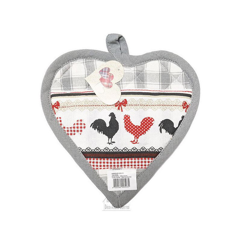 Cooking pot holder Heart decor Rooster on a gray Vichy background and gray border