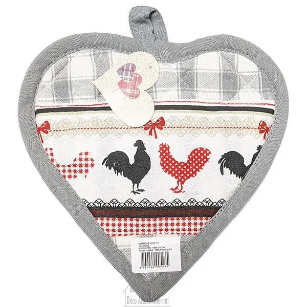 Manique de Cuisine Coeur décor Coq sur fond gris Vichy et bordure grise