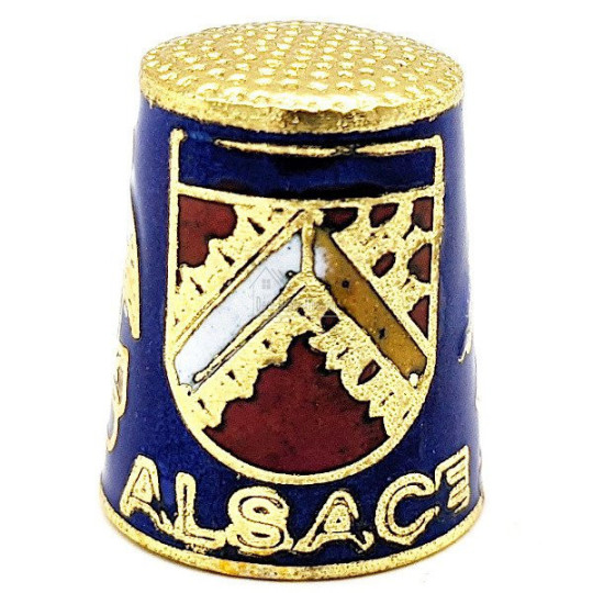 Dé à Coudre de Collection Bleu en Métal doré avec Écusson, Cigogne et Alsacienne