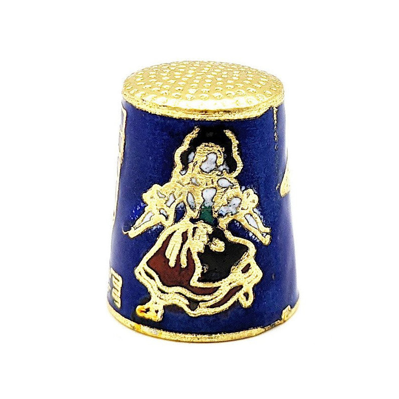Dé à Coudre de Collection Bleu en Métal doré avec Écusson, Cigogne et Alsacienne