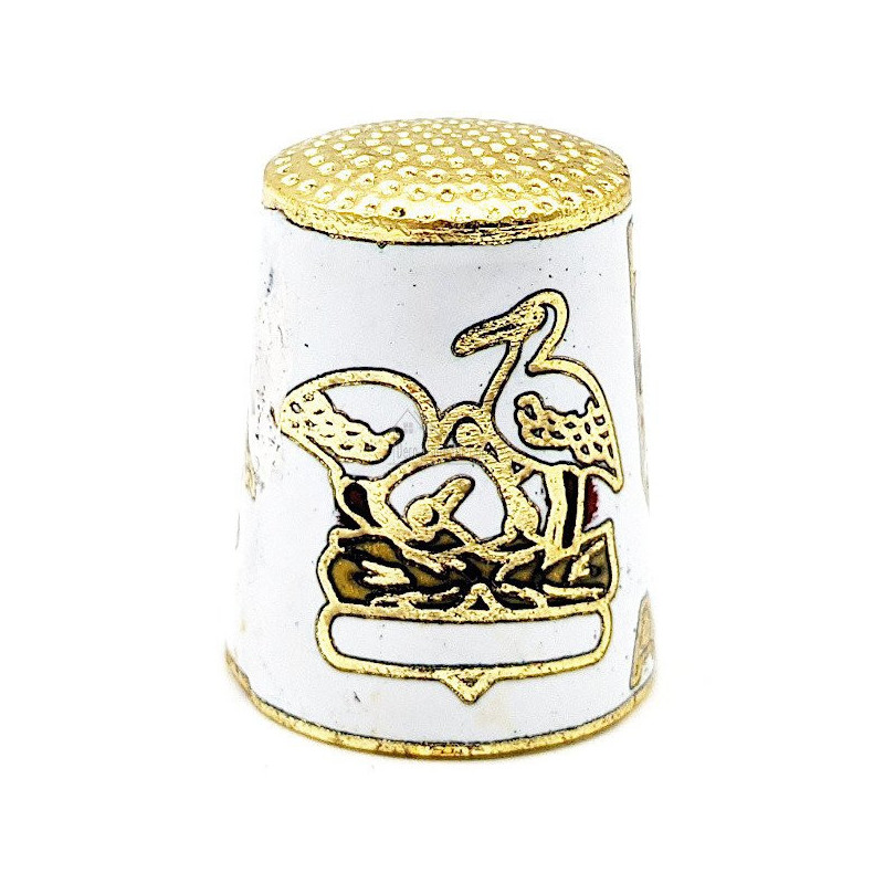 Dé à Coudre de Collection Blanc en Métal doré avec Écusson, Cigogne et Alsacienne