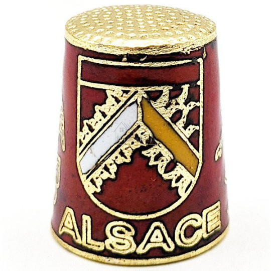 Dé à Coudre de Collection Rouge en Métal doré avec Écusson, Cigogne et Alsacienne