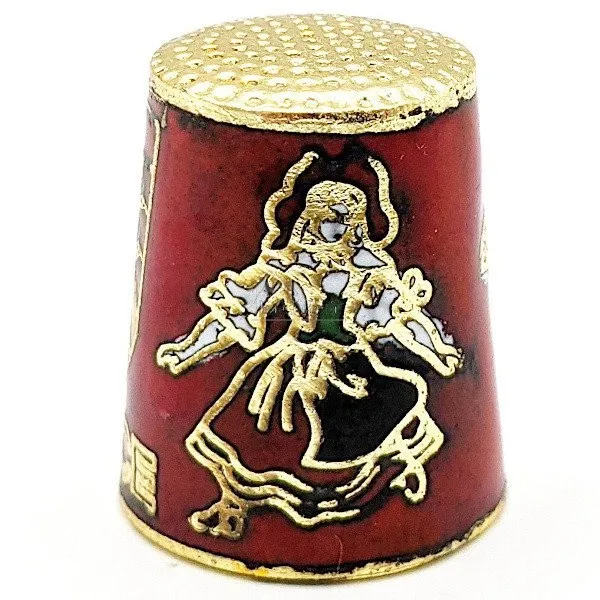 Dé à Coudre de Collection Rouge en Métal doré avec Écusson, Cigogne et Alsacienne