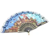 Folding fan decorated with Cities of Alsace, Stork and Villages in fabrics and lace