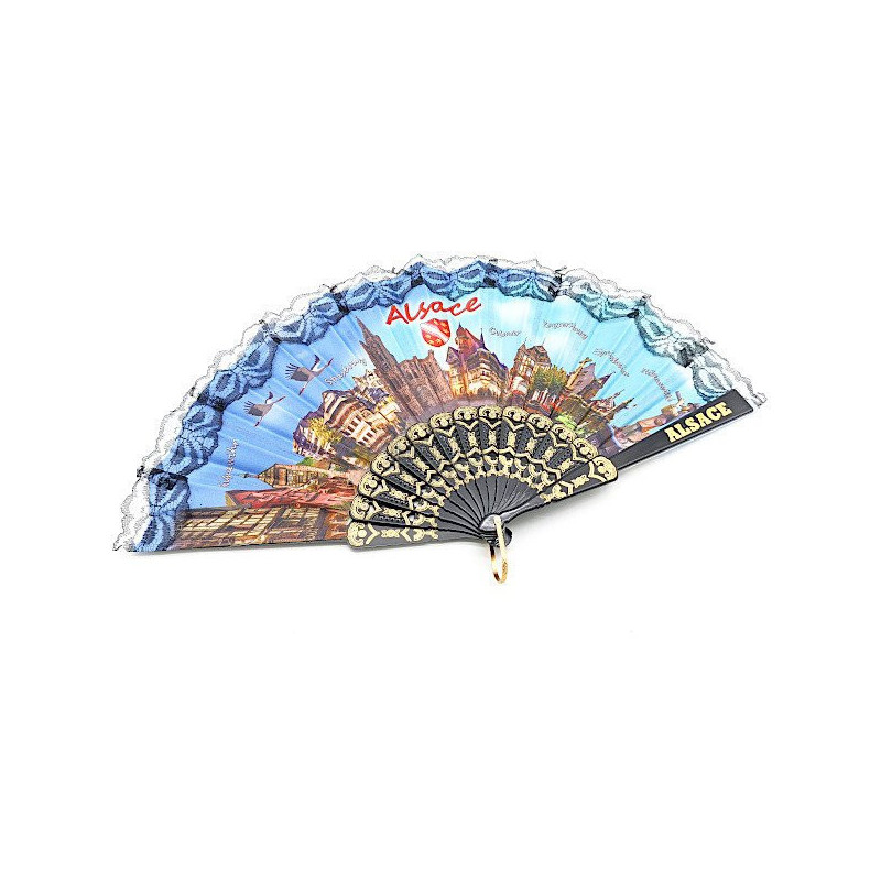 Folding fan decorated with Cities of Alsace, Stork and Villages in fabrics and lace