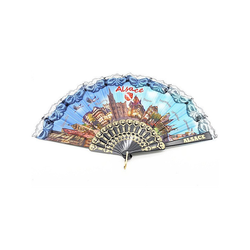 Eventail design mit elsässischen Städten, Storch und Dörfern aus Stoffen und Spitze