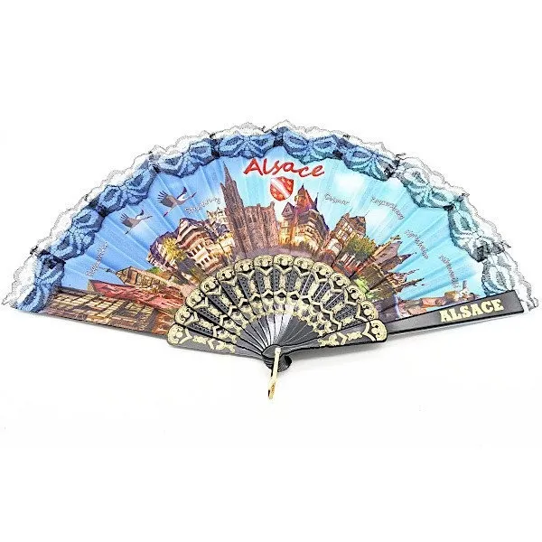 Eventail design mit elsässischen Städten, Storch und Dörfern aus Stoffen und Spitze
