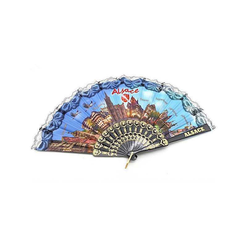 Folding fan decorated with Cities of Alsace, Stork and Villages in fabrics and lace